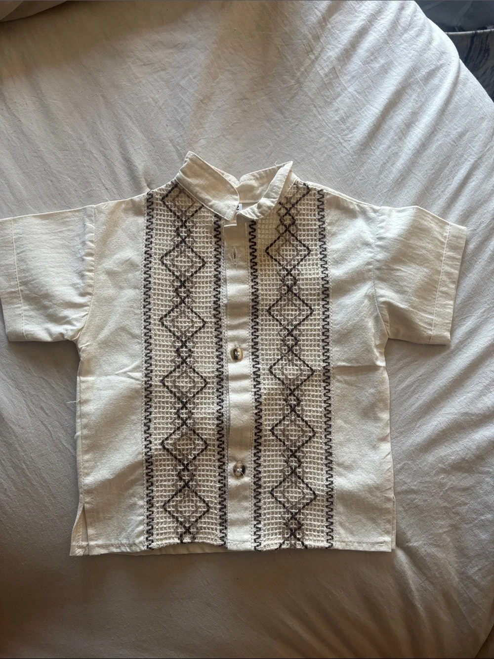 Kids Short-Sleeve Embroidered Button-Up Shirt - Cream with Brown Pattern